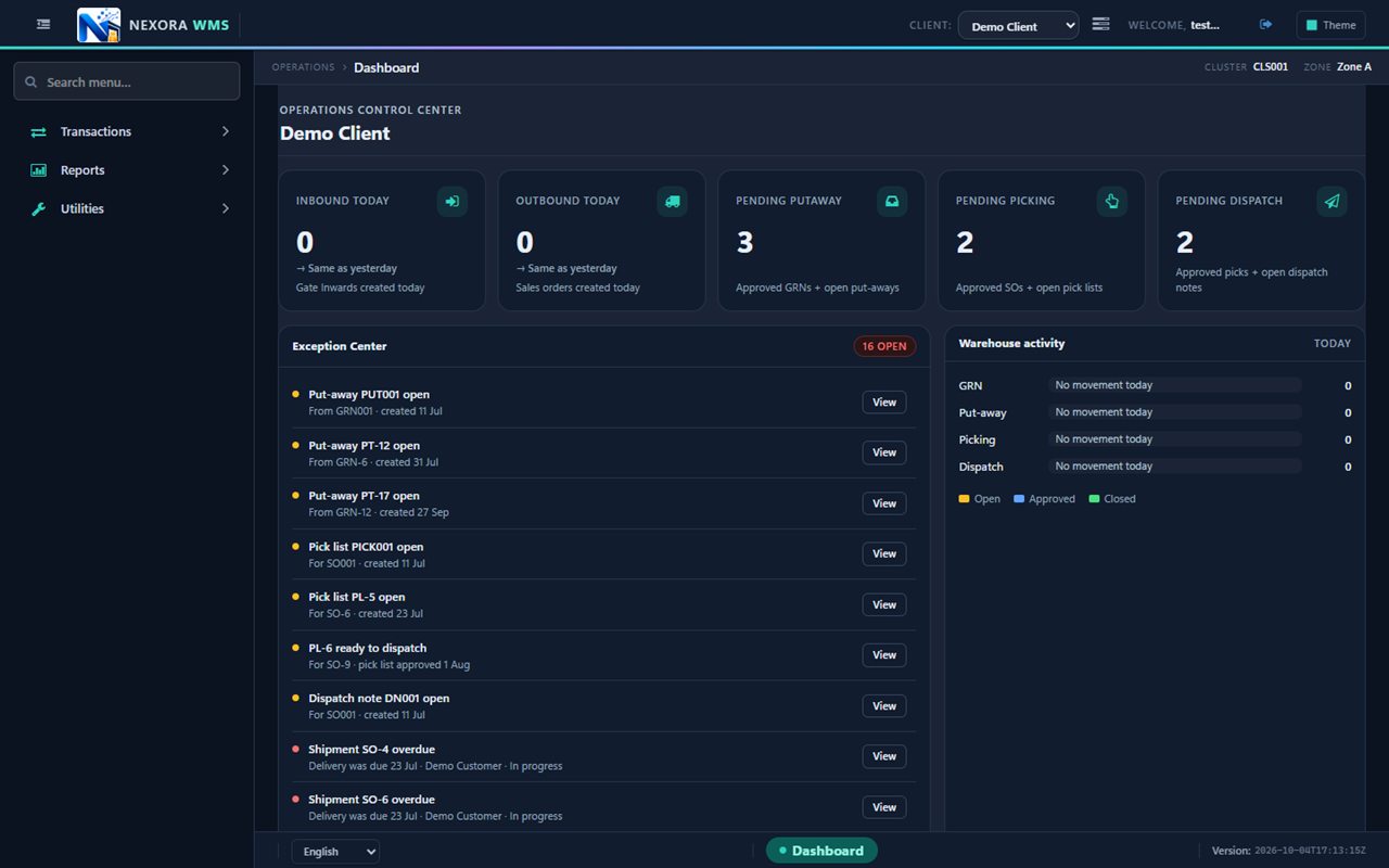 NEXORA operations dashboard showing inbound, outbound and pending work