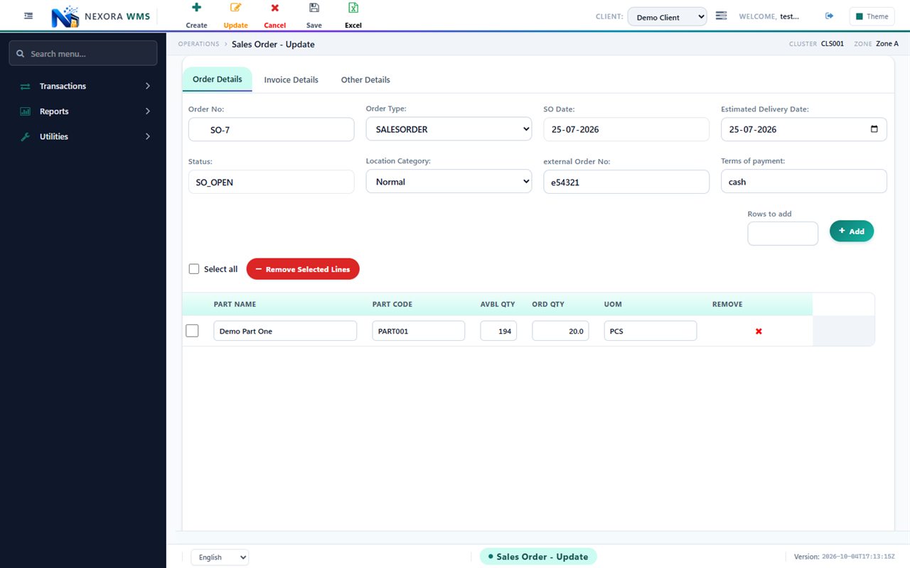 Sales order screen